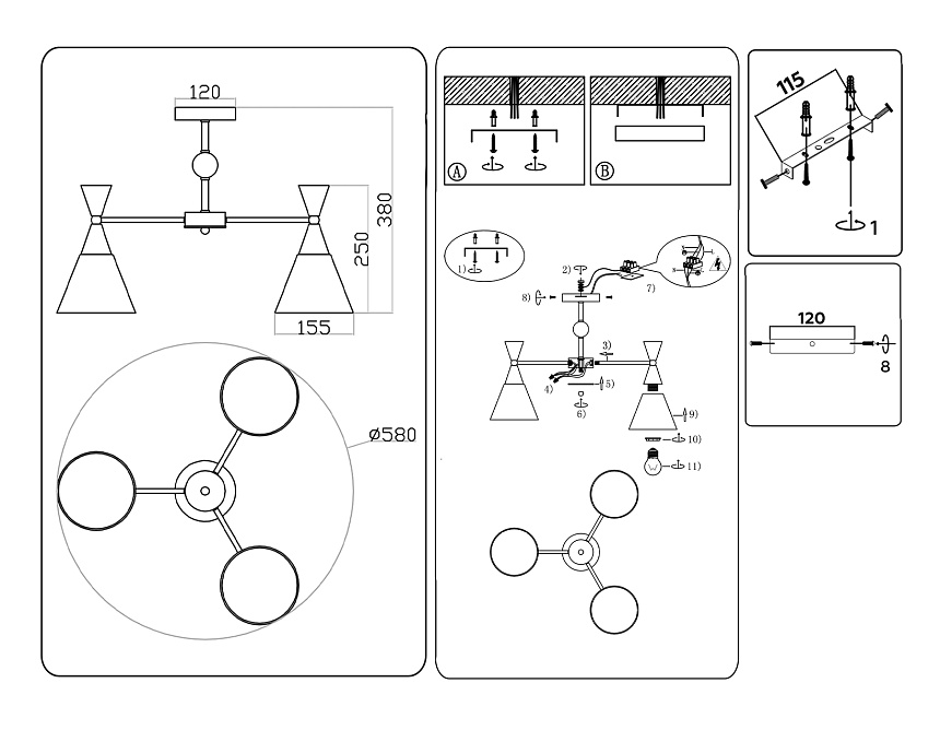 TR3169/3 BK/GD черный/золото E27/3 max 60W D580*380